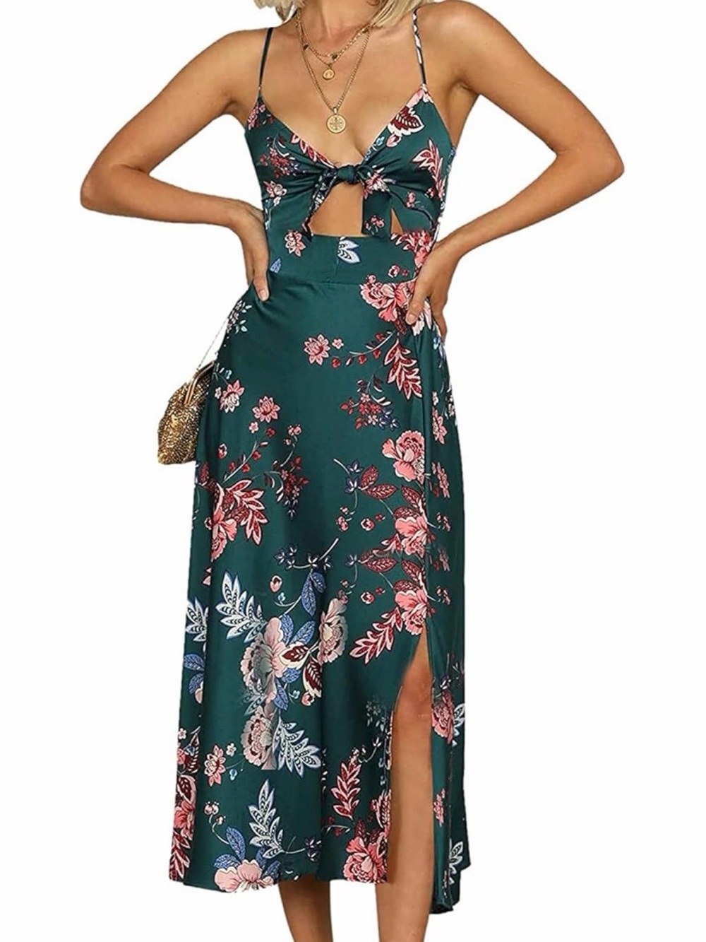 Satin Floral Tie-Front Green Midi Dress